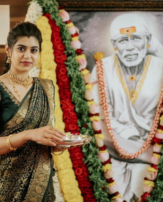 Green color Lichi Silk Jacquard saree with blouse