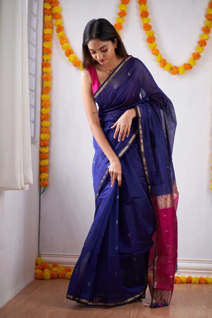 Latest slub Soft Cotton Rich pallu with jacquard saree with blouse