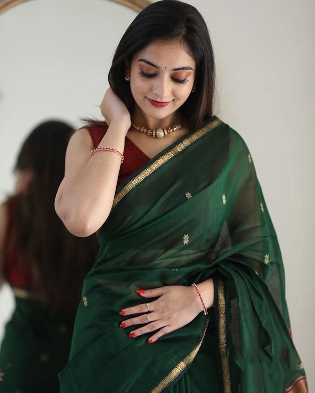 Latest slub Soft Cotton Rich pallu with jacquard saree with blouse