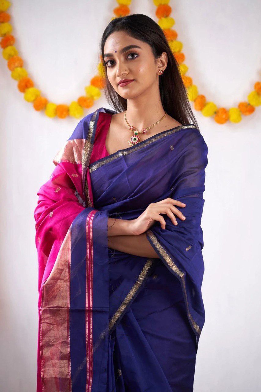 Latest slub Soft Cotton Rich pallu with jacquard saree with blouse