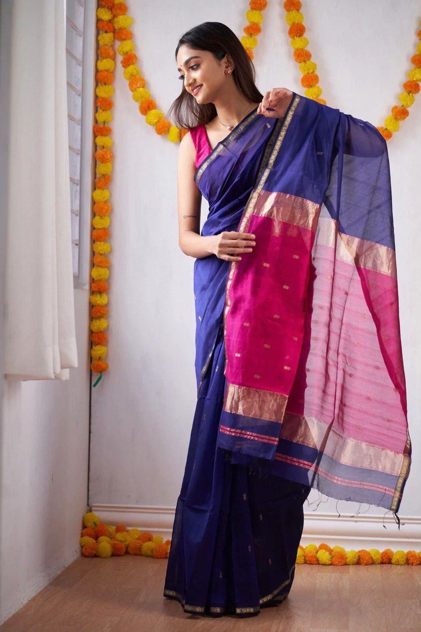 Latest slub Soft Cotton Rich pallu with jacquard saree with blouse
