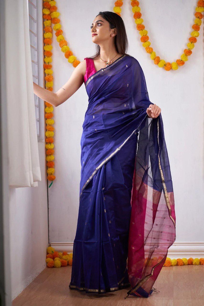 Latest slub Soft Cotton Rich pallu with jacquard saree with blouse