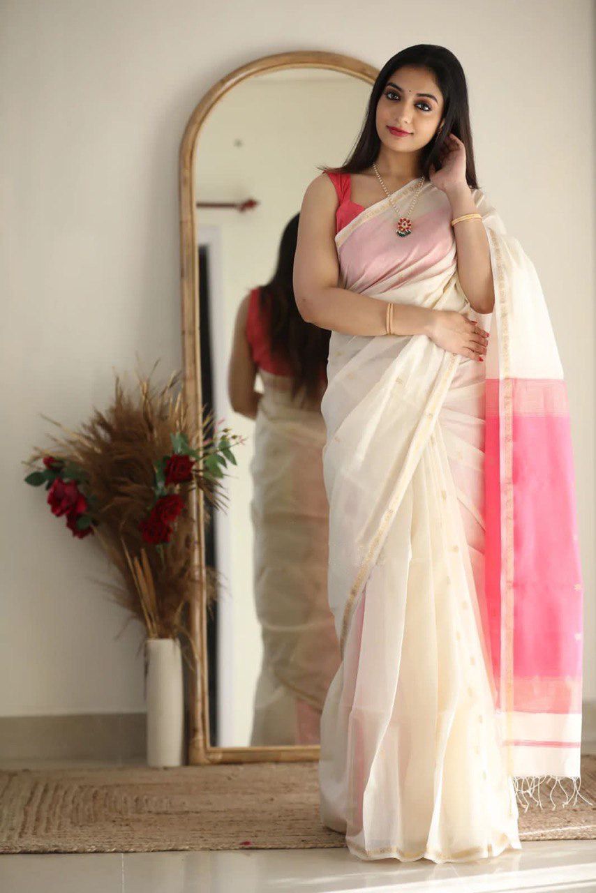 Latest slub Soft Cotton Rich pallu with jacquard saree with blouse