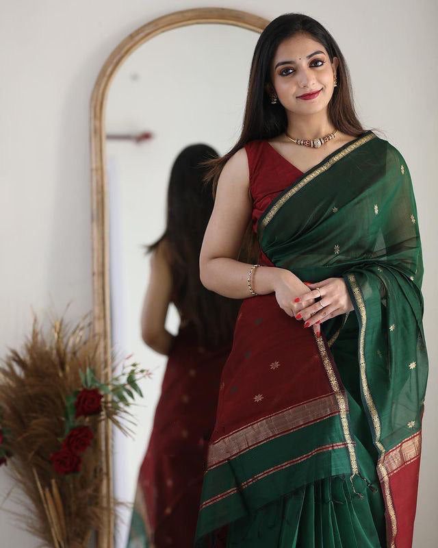 Latest slub Soft Cotton Rich pallu with jacquard saree with blouse