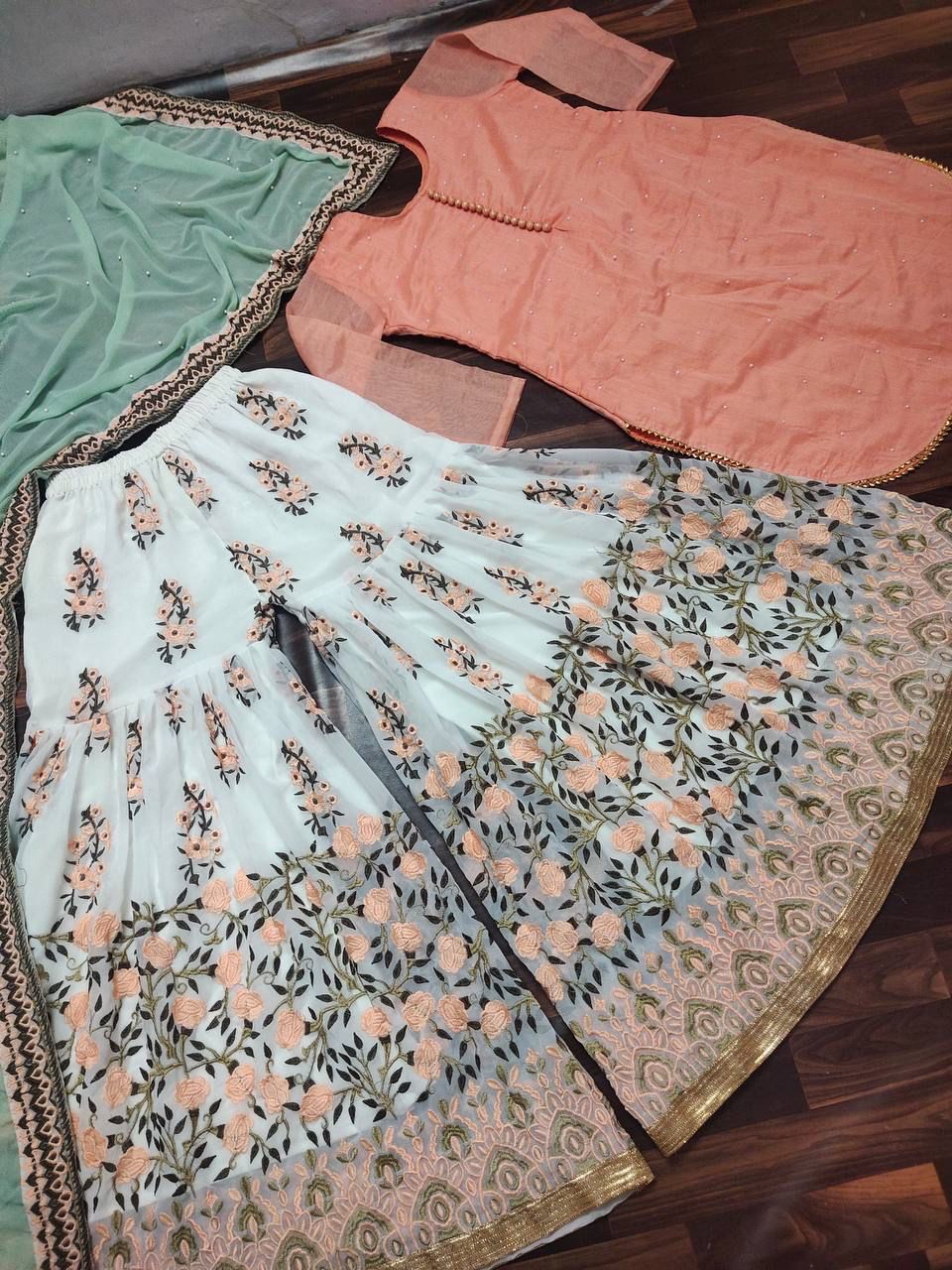 Peach Color Embroideyr Kurti Plazzo Dupatta Set For Women