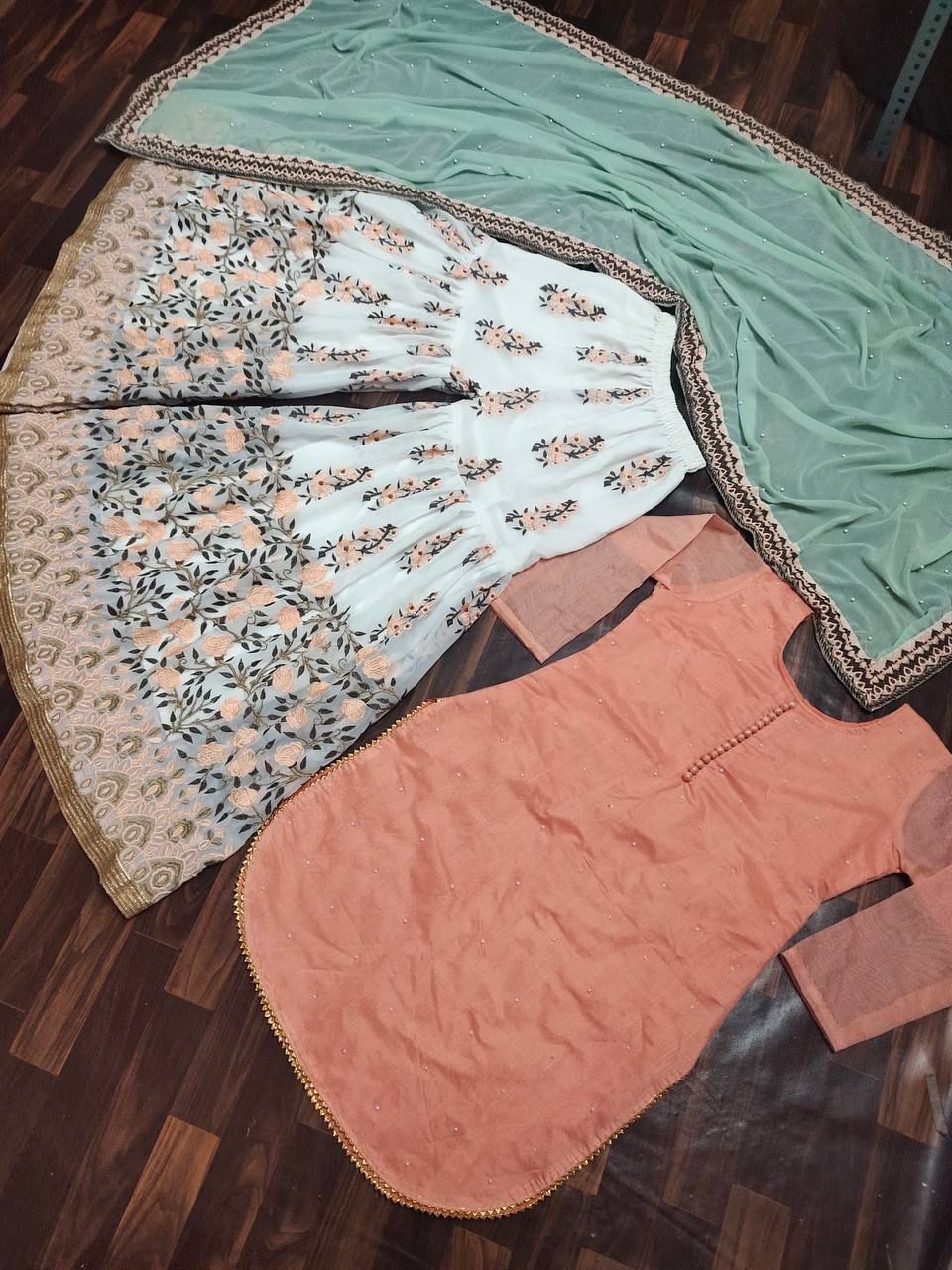Peach Color Embroideyr Kurti Plazzo Dupatta Set For Women