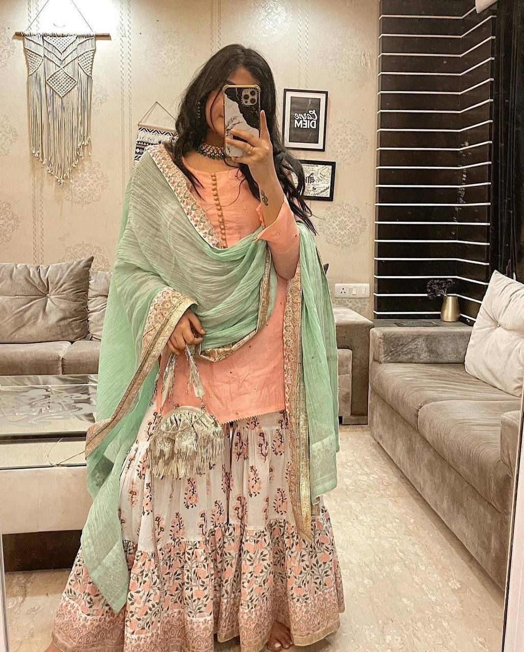 Peach Color Embroideyr Kurti Plazzo Dupatta Set For Women