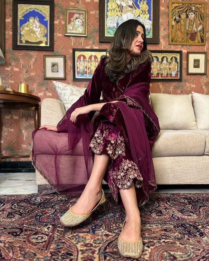 Wine Color Velvet Embroidery Salwar Suit For women