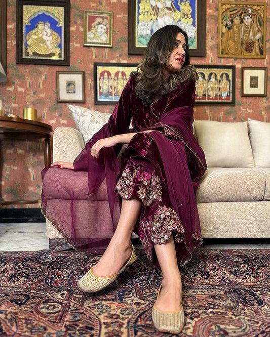 Wine Color Velvet Embroidery Salwar Suit For women