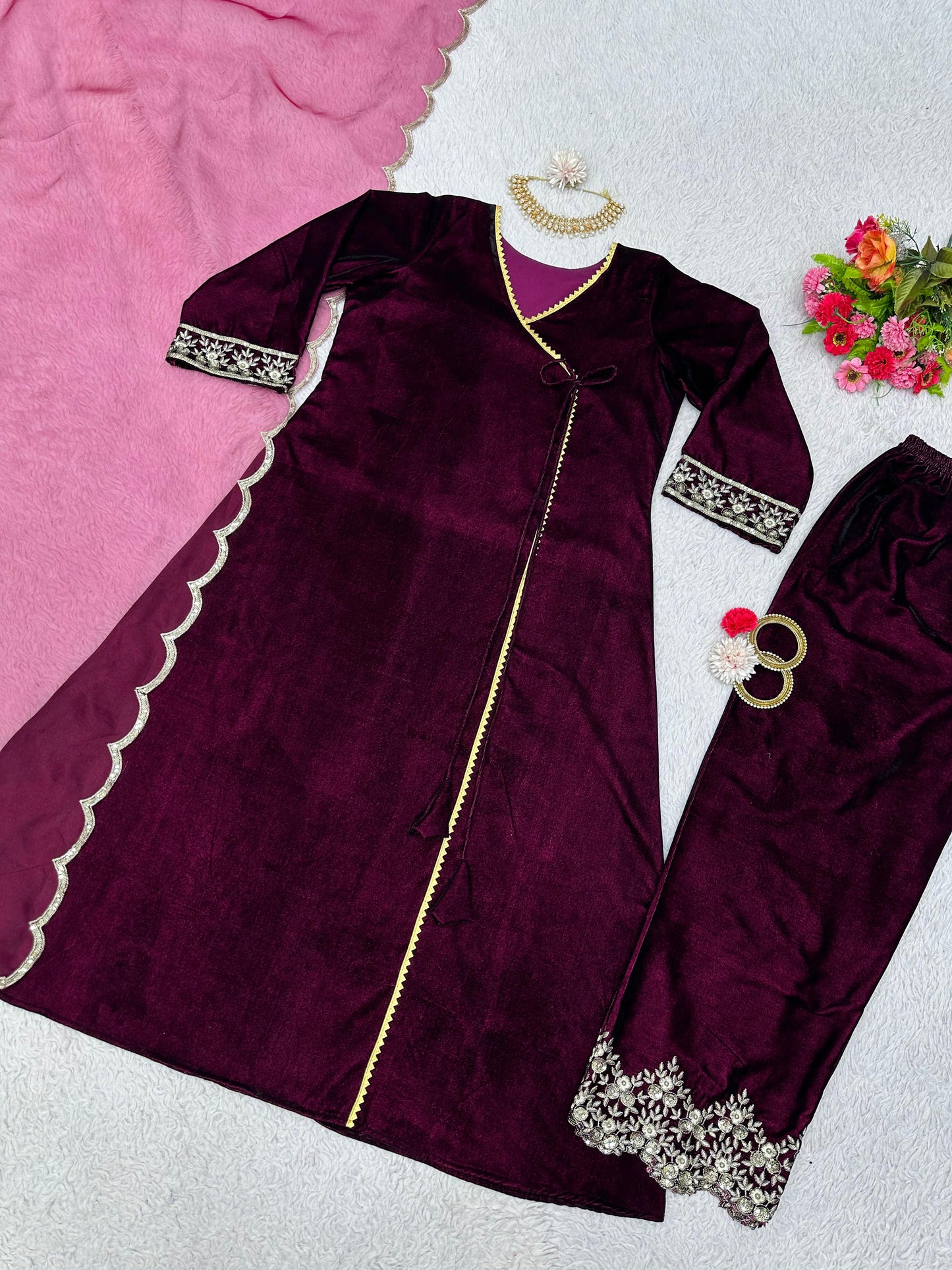 Wine Color Velvet Embroidery Salwar Suit For women