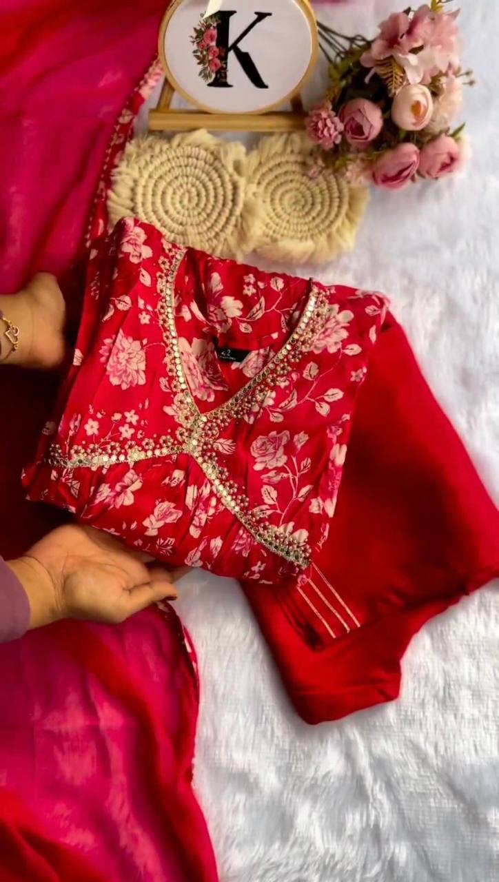 Flattering Red Color Hand Work Digital Printed Muslin Silk Ready Made Salwar Suit
