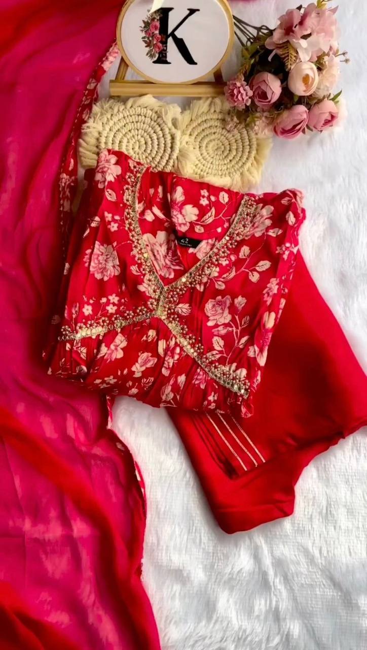 Flattering Red Color Hand Work Digital Printed Muslin Silk Ready Made Salwar Suit