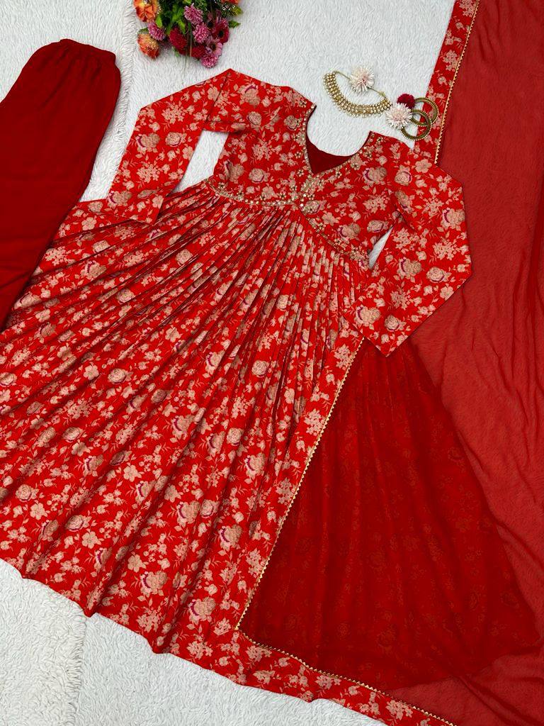 Flattering Red Color Hand Work Digital Printed Muslin Silk Ready Made Salwar Suit