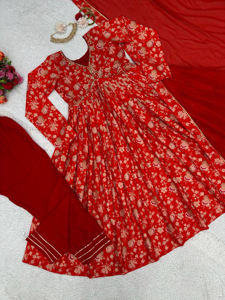 Flattering Red Color Hand Work Digital Printed Muslin Silk Ready Made Salwar Suit