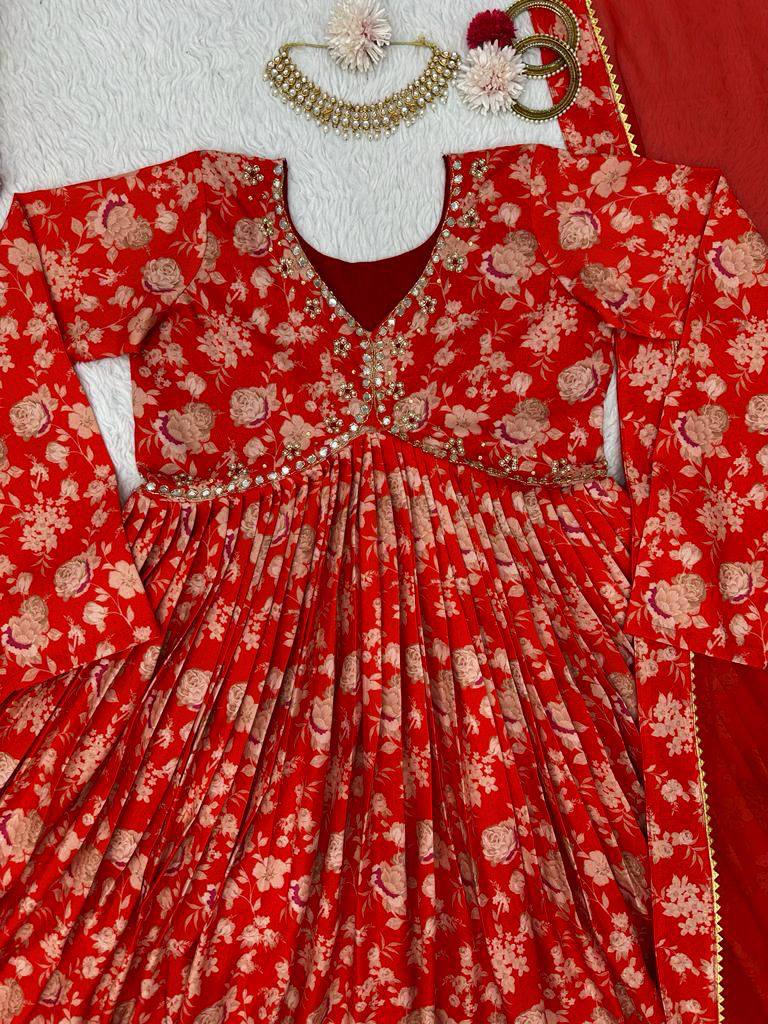 Flattering Red Color Hand Work Digital Printed Muslin Silk Ready Made Salwar Suit