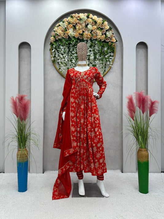 Flattering Red Color Hand Work Digital Printed Muslin Silk Ready Made Salwar Suit