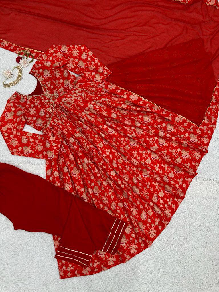 Flattering Red Color Hand Work Digital Printed Muslin Silk Ready Made Salwar Suit