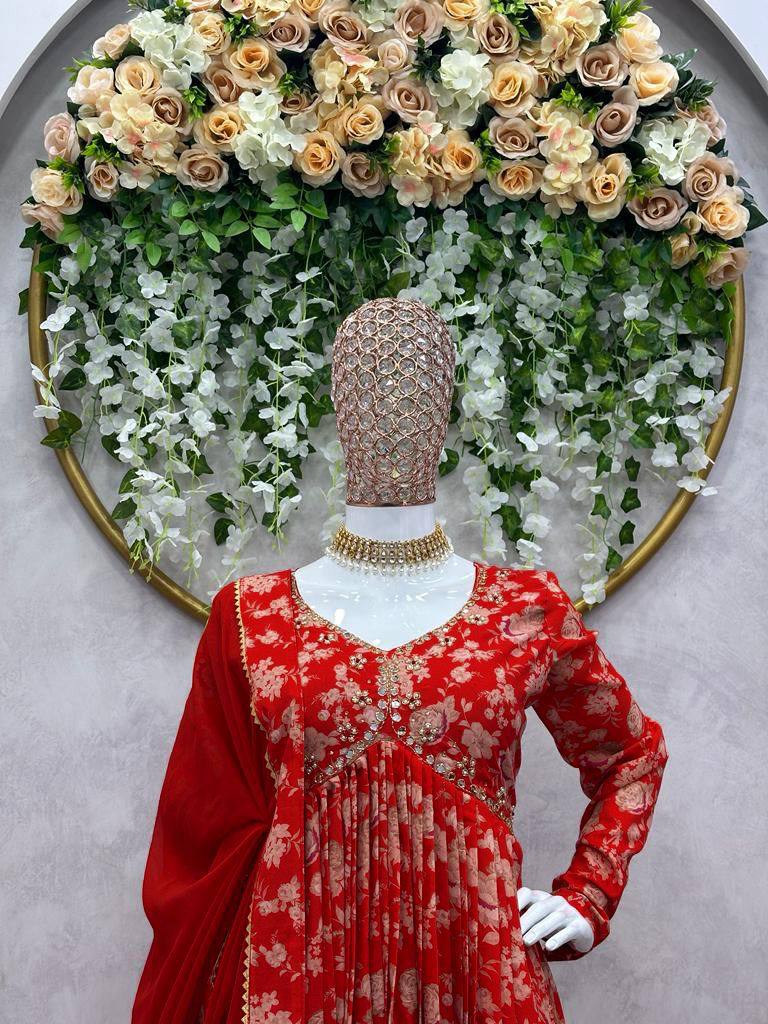 Flattering Red Color Hand Work Digital Printed Muslin Silk Ready Made Salwar Suit