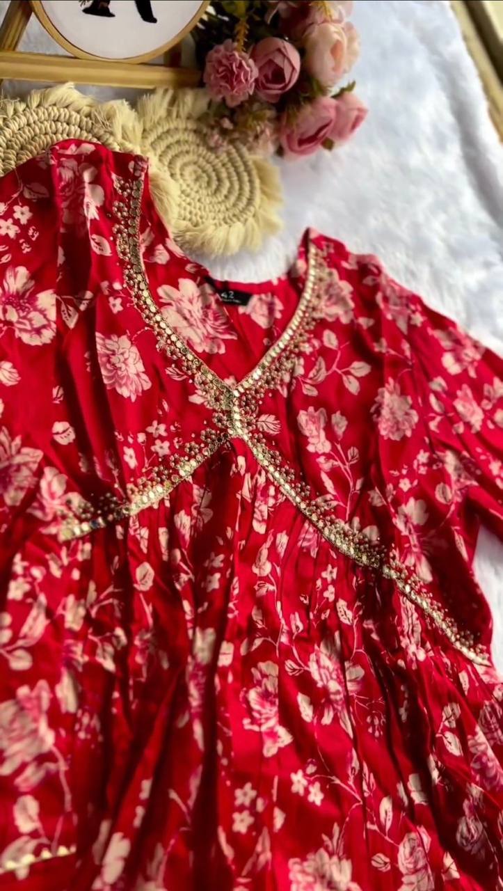 Flattering Red Color Hand Work Digital Printed Muslin Silk Ready Made Salwar Suit