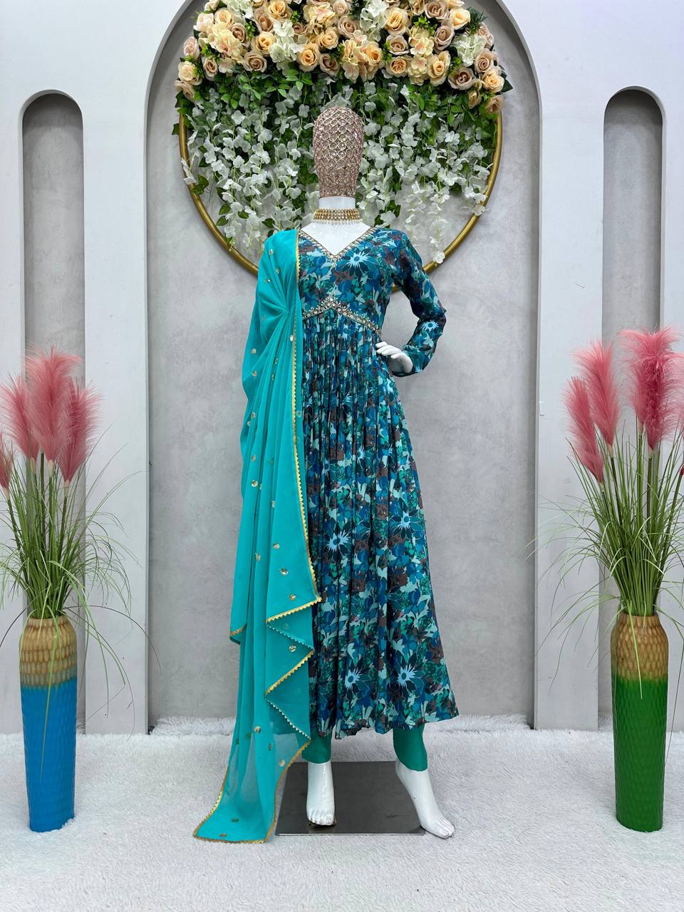 Stylish Rama Color Ready Made Digital Printed Hand Work Muslin Silk Suit