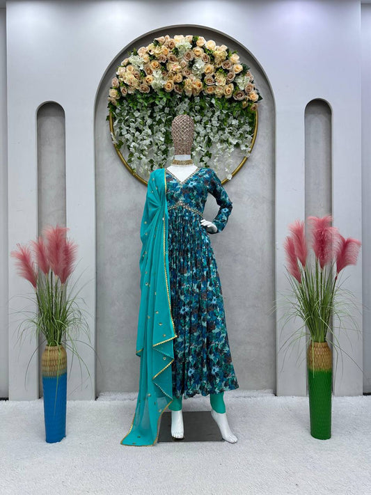 Stylish Rama Color Ready Made Digital Printed Hand Work Muslin Silk Suit