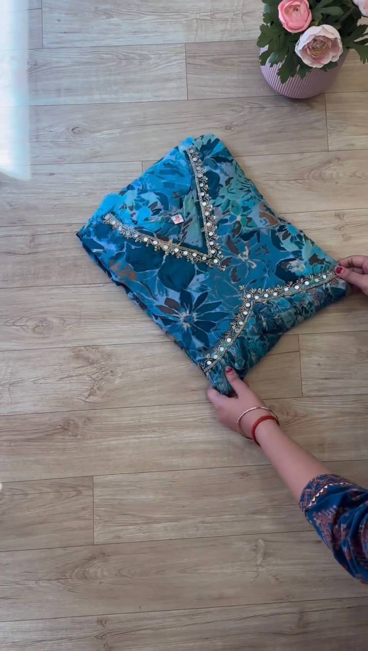 Stylish Rama Color Ready Made Digital Printed Hand Work Muslin Silk Suit