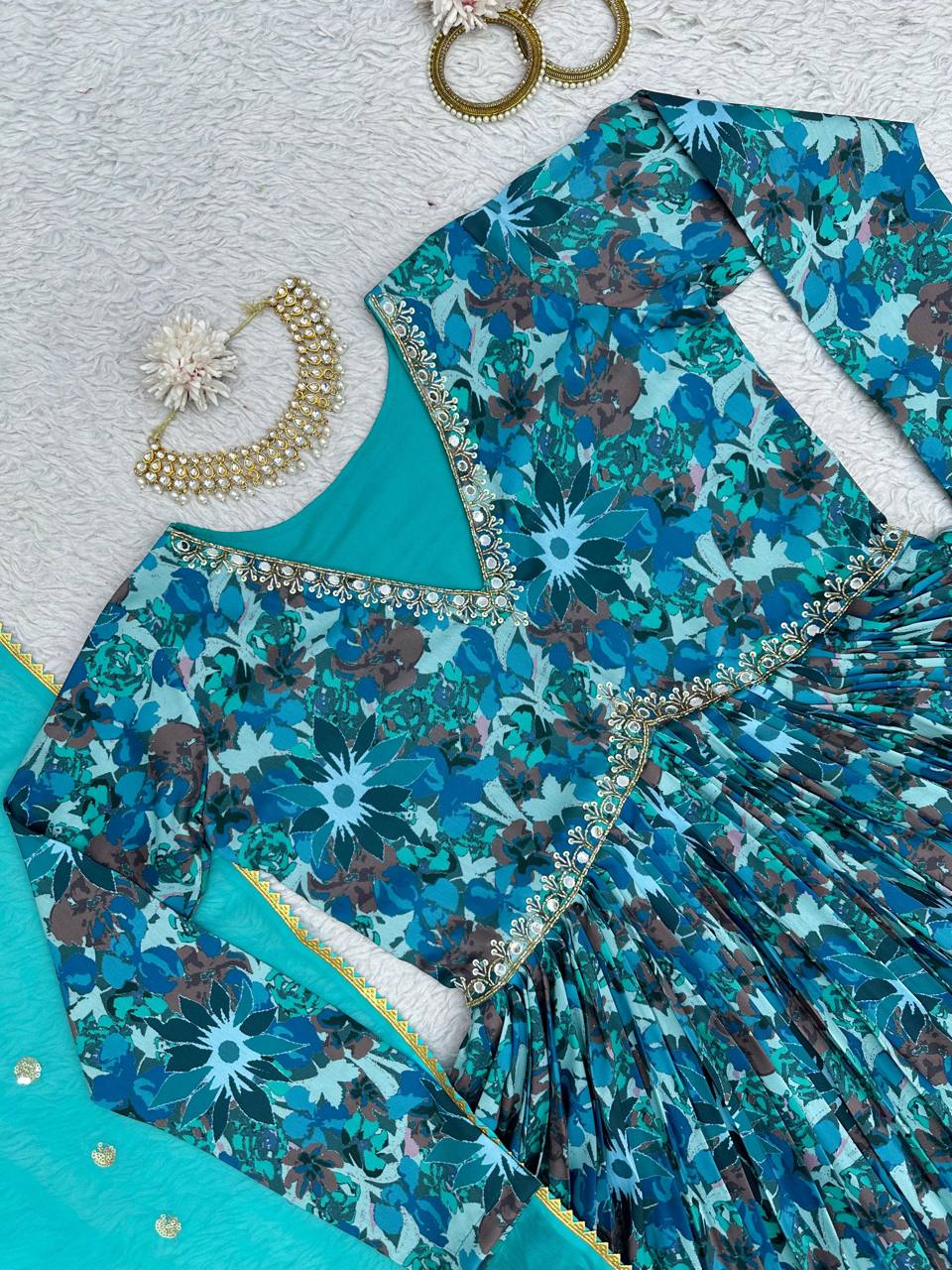 Stylish Rama Color Ready Made Digital Printed Hand Work Muslin Silk Suit