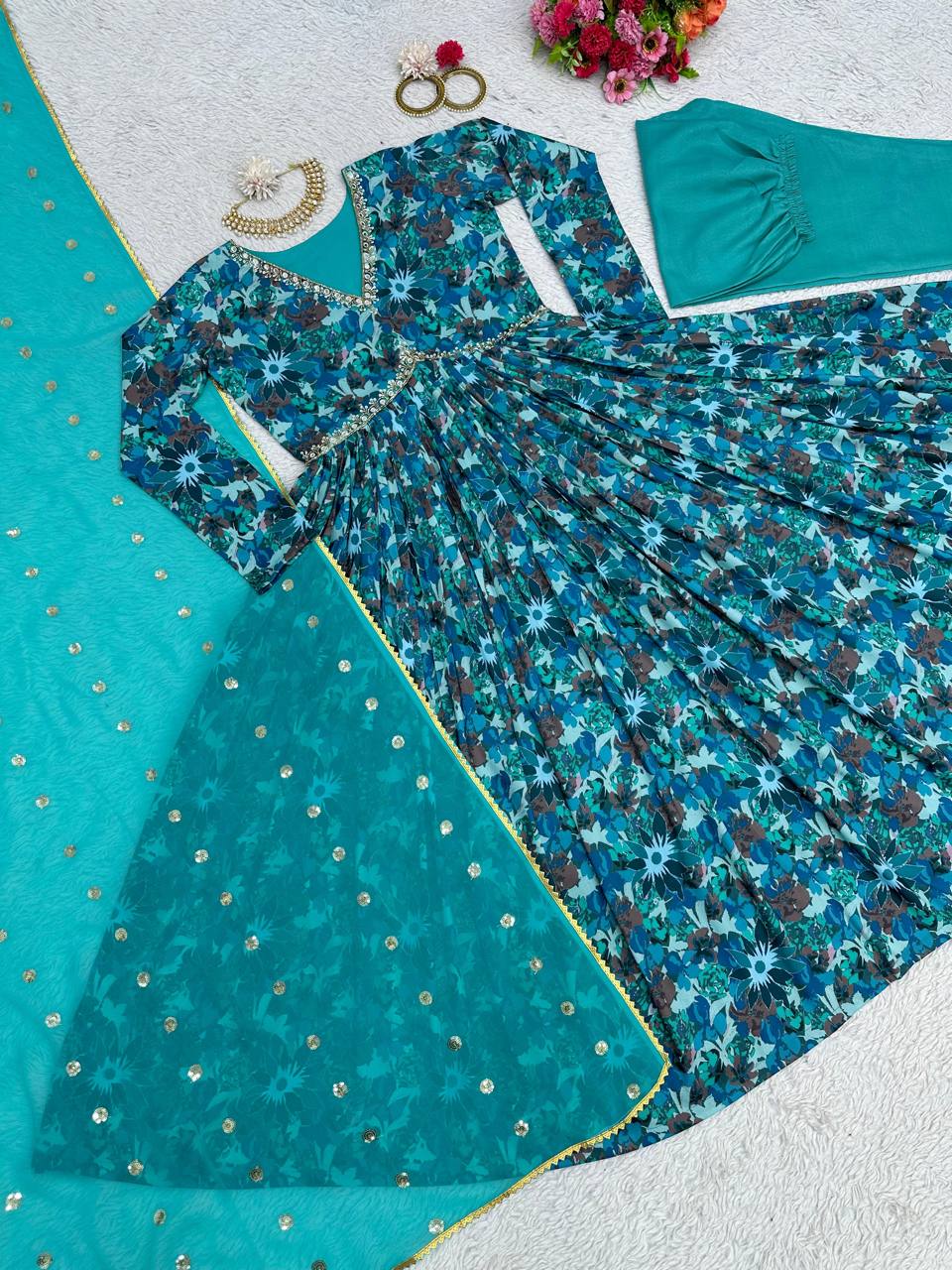 Stylish Rama Color Ready Made Digital Printed Hand Work Muslin Silk Suit