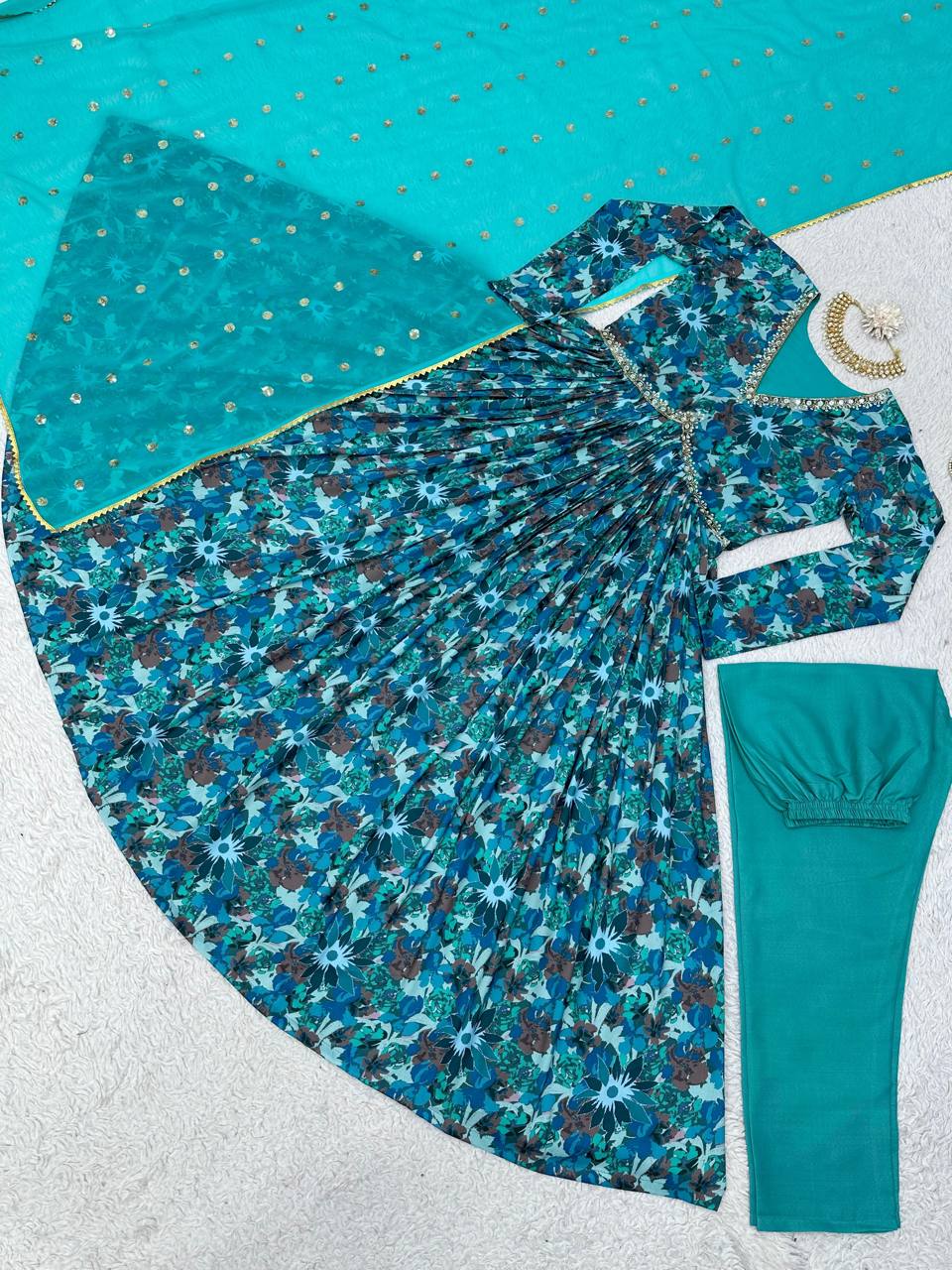 Stylish Rama Color Ready Made Digital Printed Hand Work Muslin Silk Suit