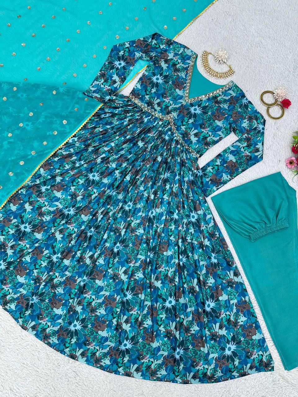 Stylish Rama Color Ready Made Digital Printed Hand Work Muslin Silk Suit