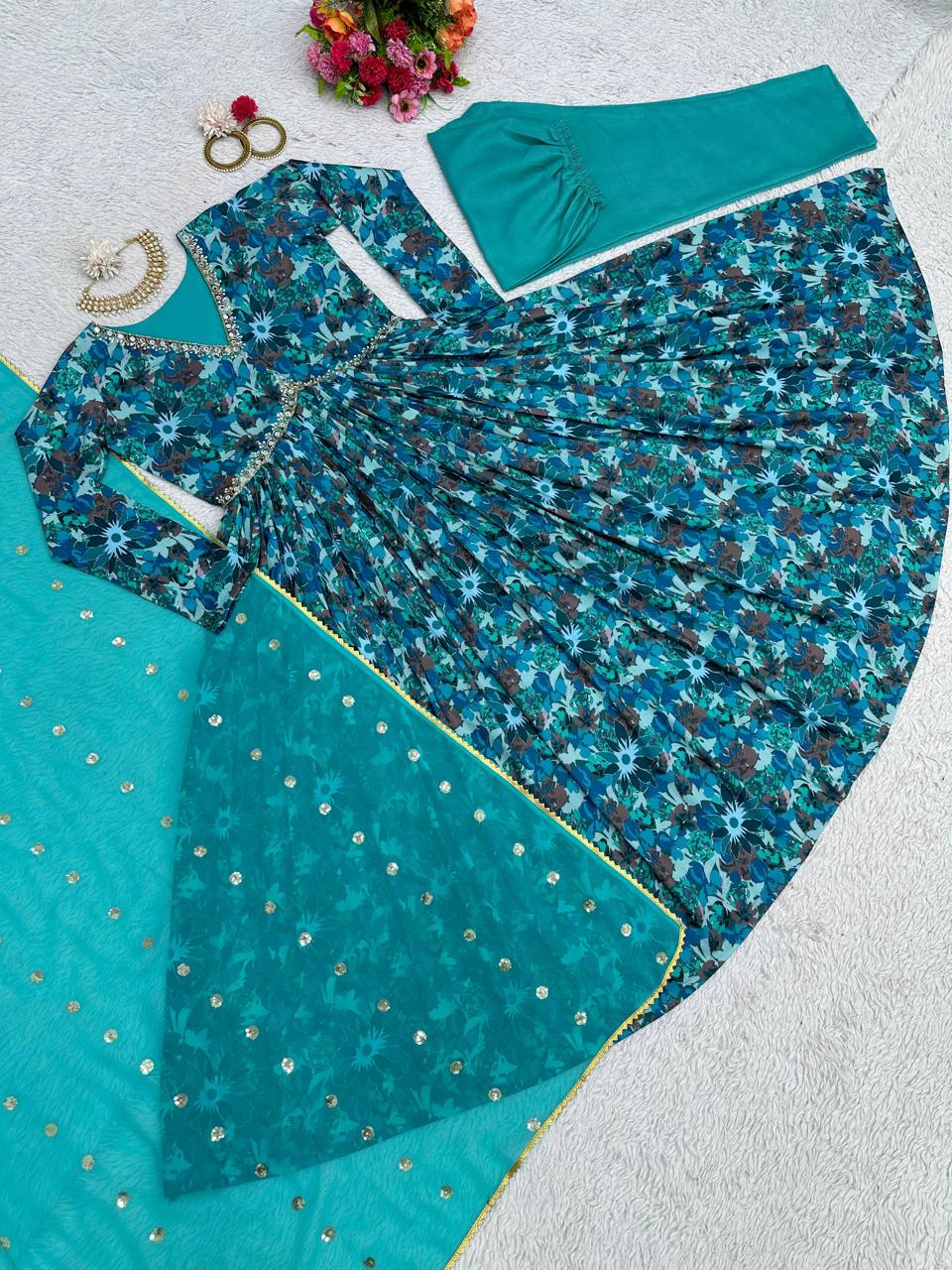 Stylish Rama Color Ready Made Digital Printed Hand Work Muslin Silk Suit