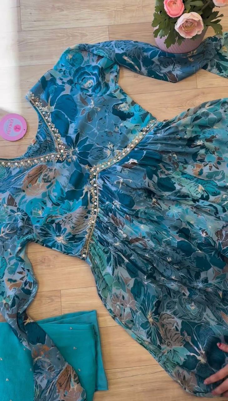 Stylish Rama Color Ready Made Digital Printed Hand Work Muslin Silk Suit