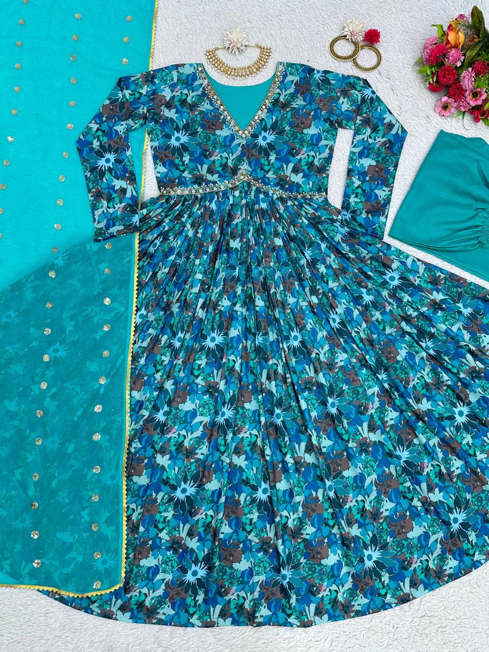 Stylish Rama Color Ready Made Digital Printed Hand Work Muslin Silk Suit
