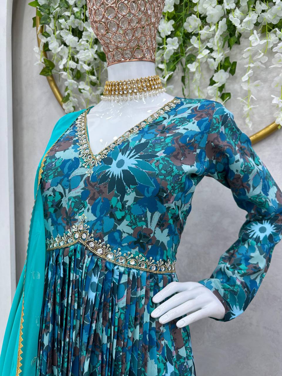Stylish Rama Color Ready Made Digital Printed Hand Work Muslin Silk Suit