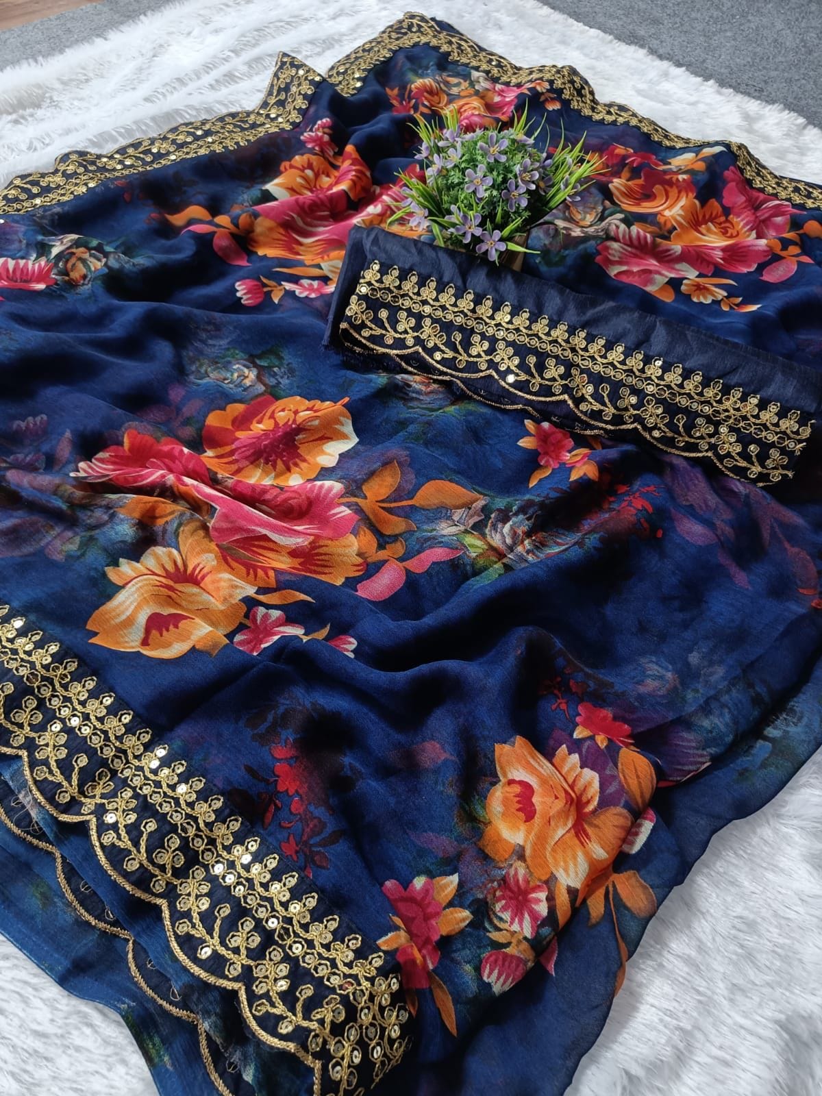 Beautiful Flower print with embroidery cut work lace Saree