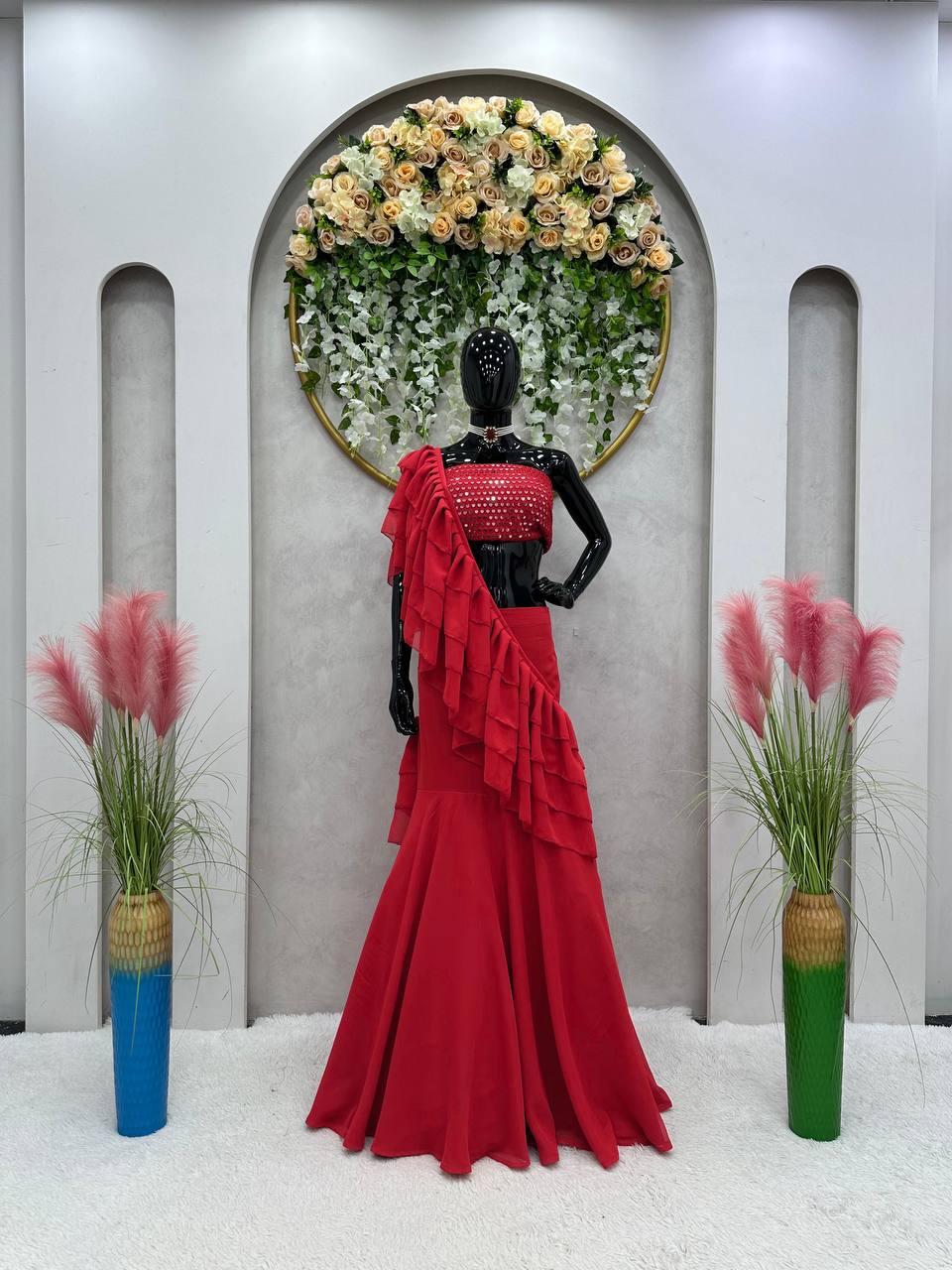 Party Wear Red Lehenga Saree with Blouse