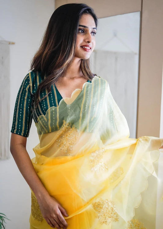 Womens And Girls Organza Silk Fabric Saree With Golden Embroidery with Sequins And Silk Stiched Blouse With Gotawork Yellow