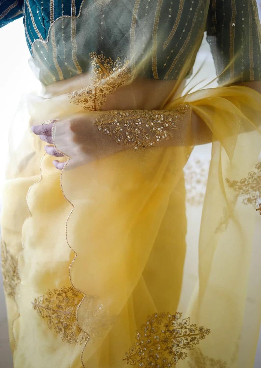 Womens And Girls Organza Silk Fabric Saree With Golden Embroidery with Sequins And Silk Stiched Blouse With Gotawork Yellow