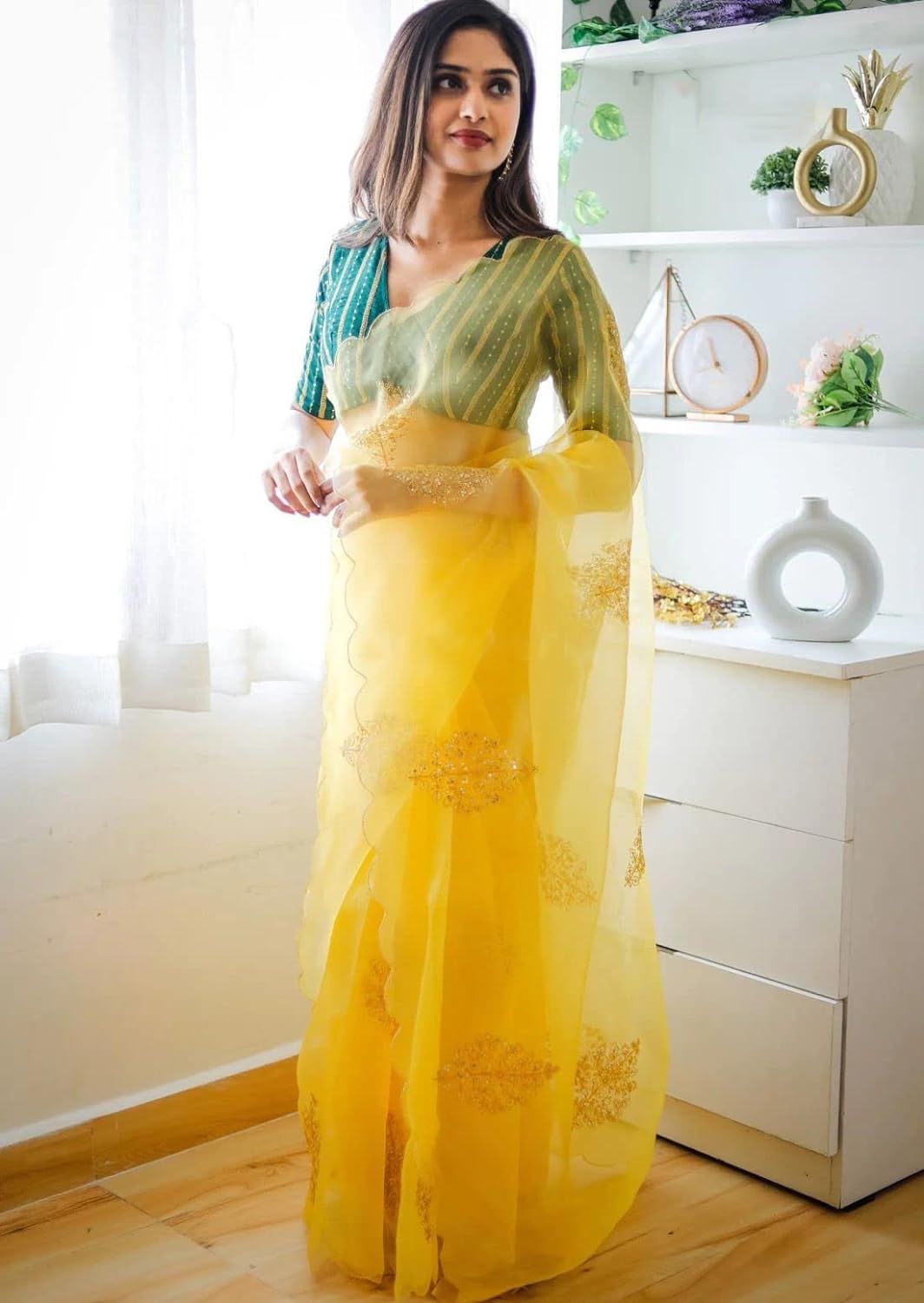 Womens And Girls Organza Silk Fabric Saree With Golden Embroidery with Sequins And Silk Stiched Blouse With Gotawork Yellow