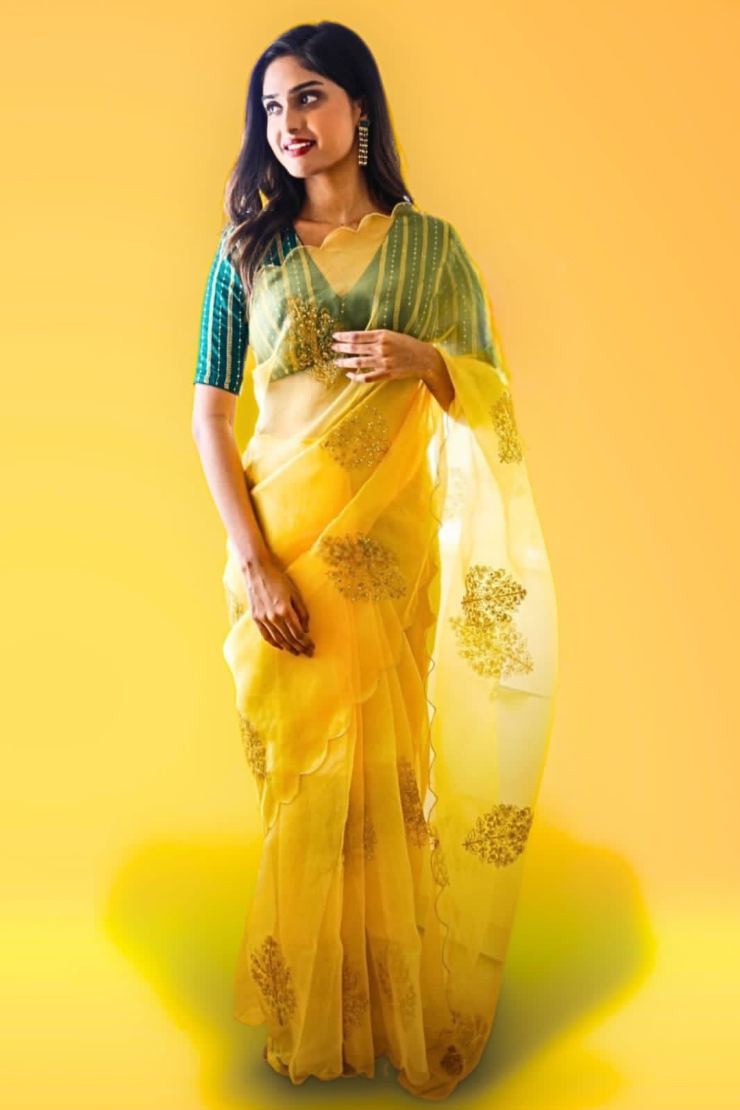 Womens And Girls Organza Silk Fabric Saree With Golden Embroidery with Sequins And Silk Stiched Blouse With Gotawork Yellow