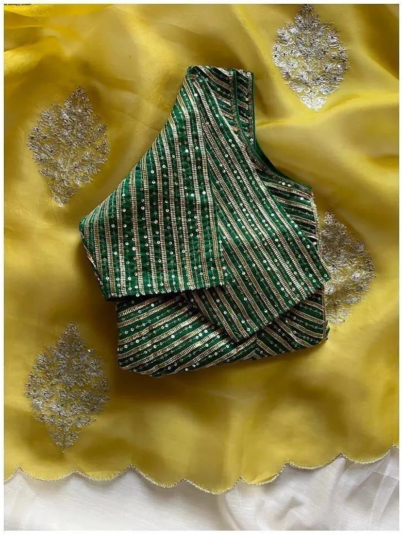 Womens And Girls Organza Silk Fabric Saree With Golden Embroidery with Sequins And Silk Stiched Blouse With Gotawork Yellow