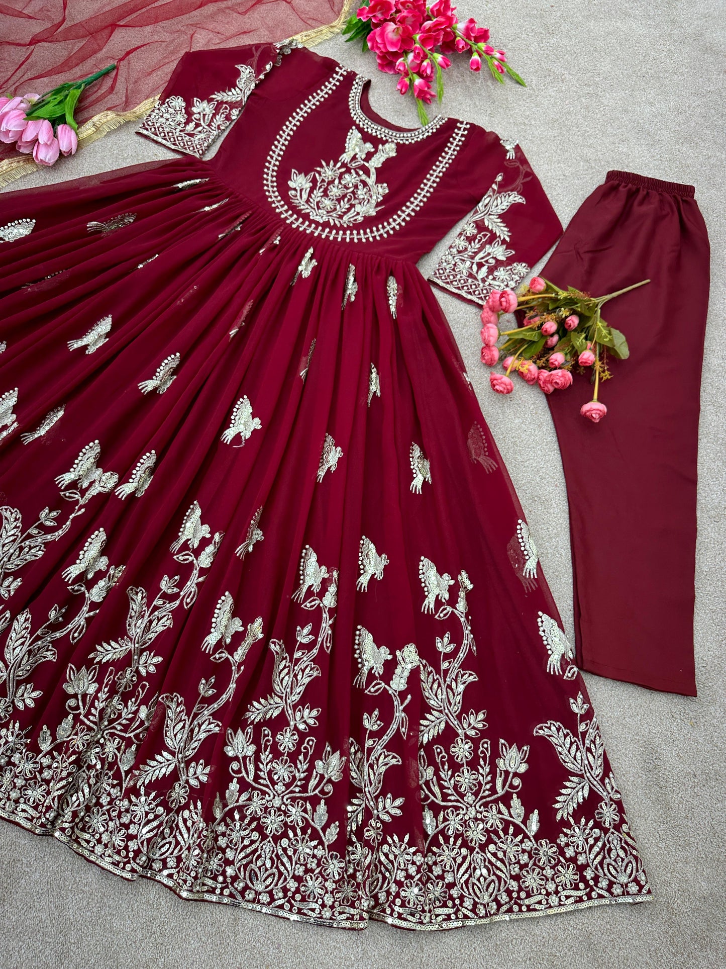 Maroon Anarkali Gown Dupatta Set For Women