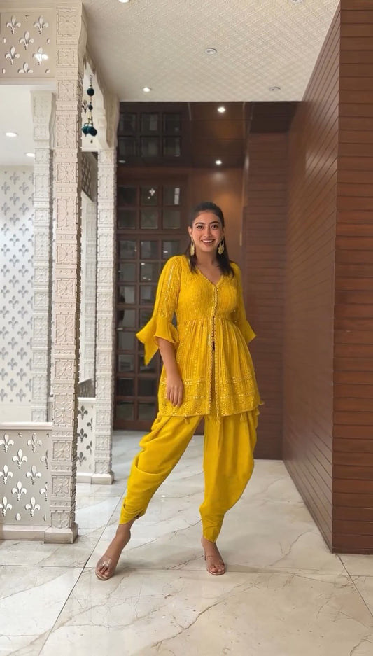 Yellow Women Kurti Dhoti Dupatta Set for party wear