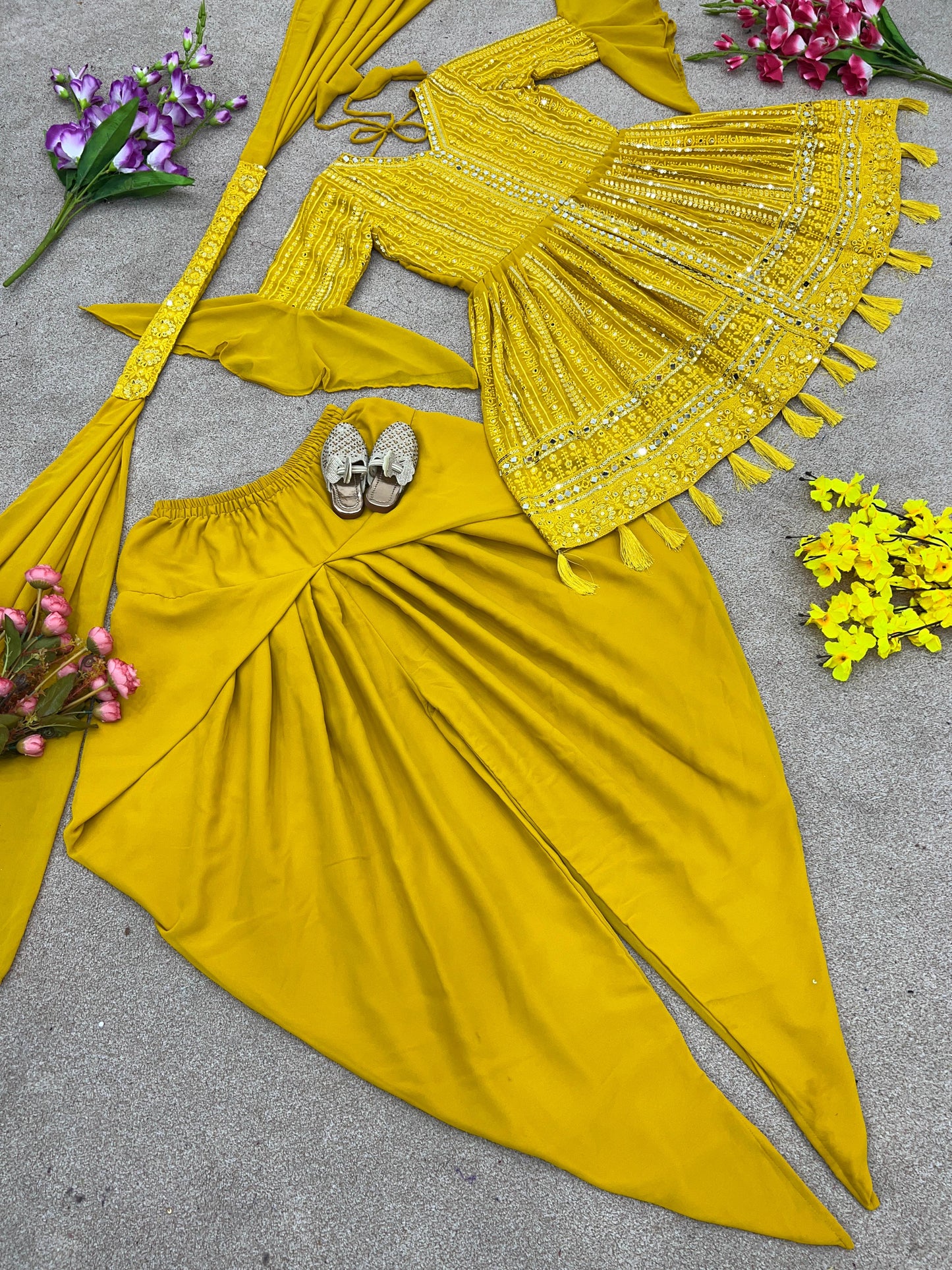 Yellow Women Kurti Dhoti Dupatta Set for party wear