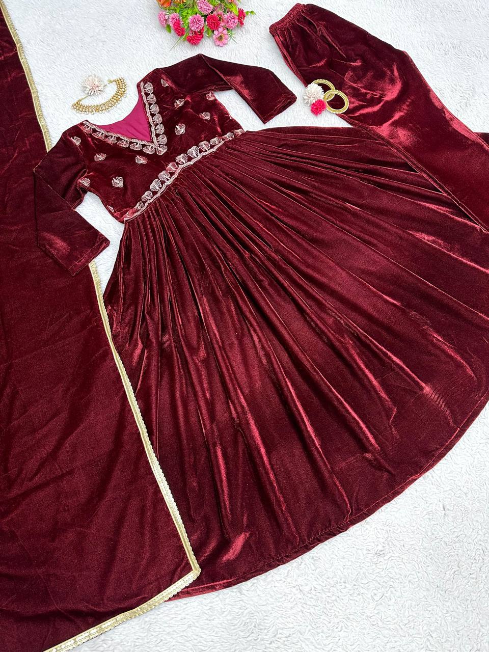 Radiant Maroon Color Ready Made Velvet Salwar Suit For Women