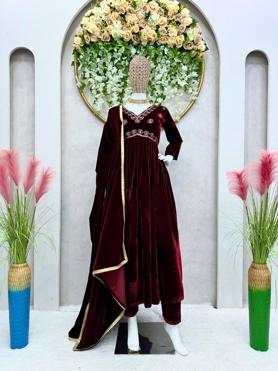 Radiant Maroon Color Ready Made Velvet Salwar Suit For Women