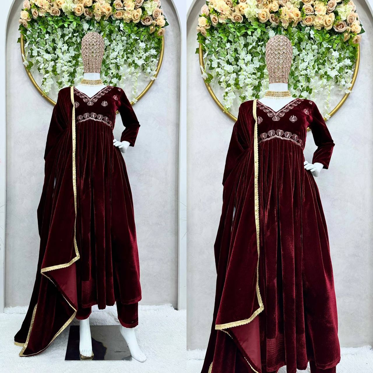 Radiant Maroon Color Ready Made Velvet Salwar Suit For Women