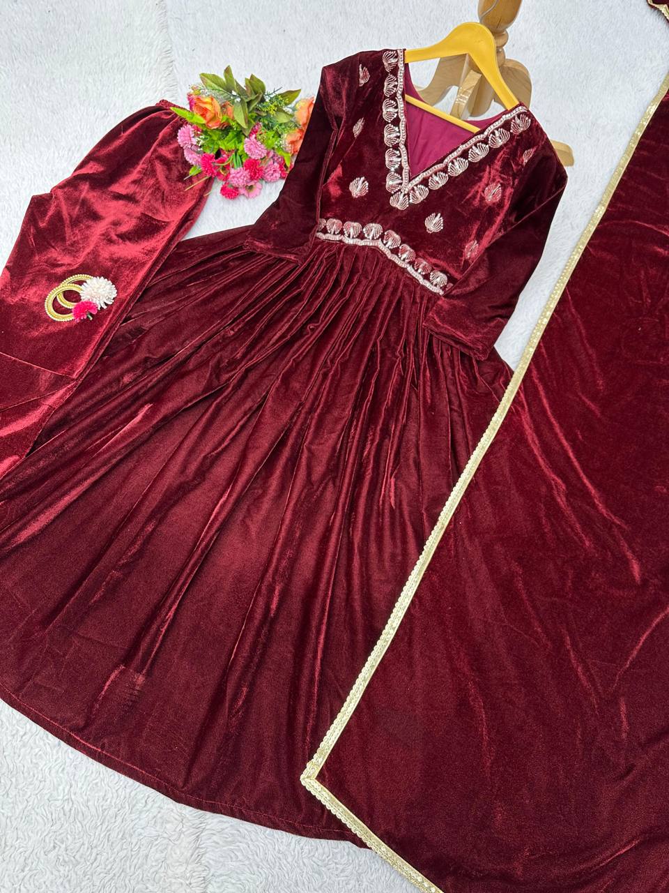 Radiant Maroon Color Ready Made Velvet Salwar Suit For Women