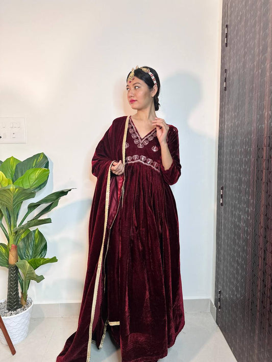 Radiant Maroon Color Ready Made Velvet Salwar Suit For Women