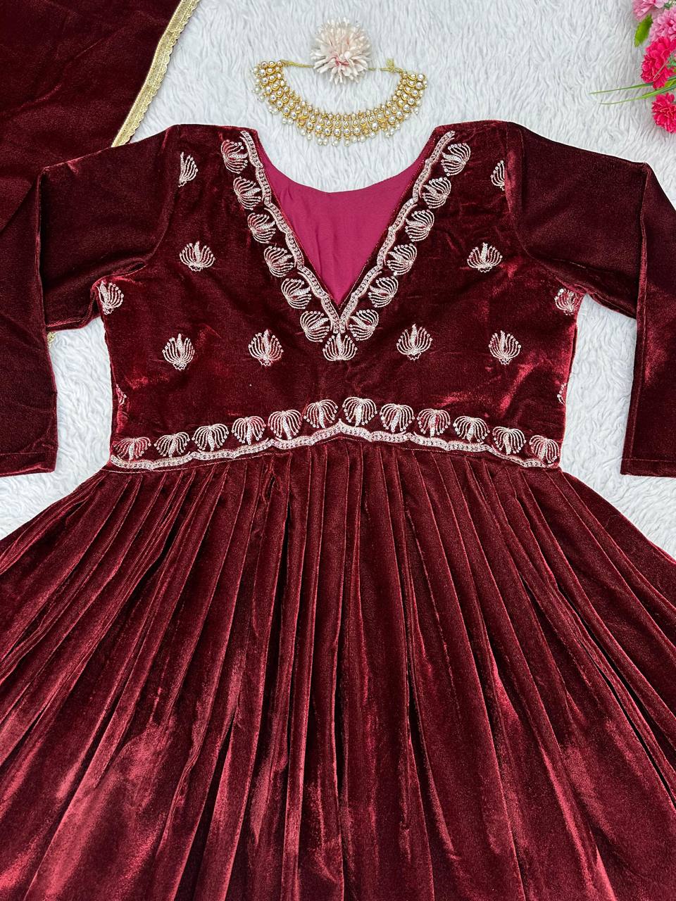 Radiant Maroon Color Ready Made Velvet Salwar Suit For Women